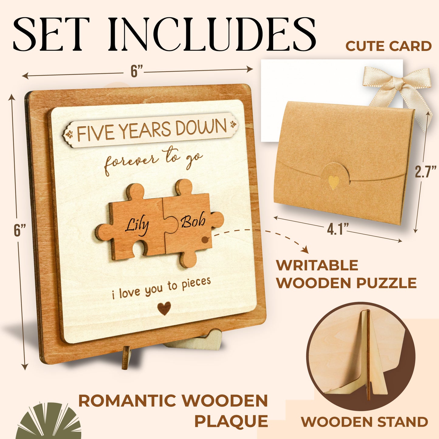Stofinity 5 Year Anniversary Marriage Gift for Men - 5 Year Anniversary Wood Gifts for Him Her, 5th Anniversary Card Gift for Husband Wife, Five Year Wedding Anniversary Card Wooden Plaque for Couple