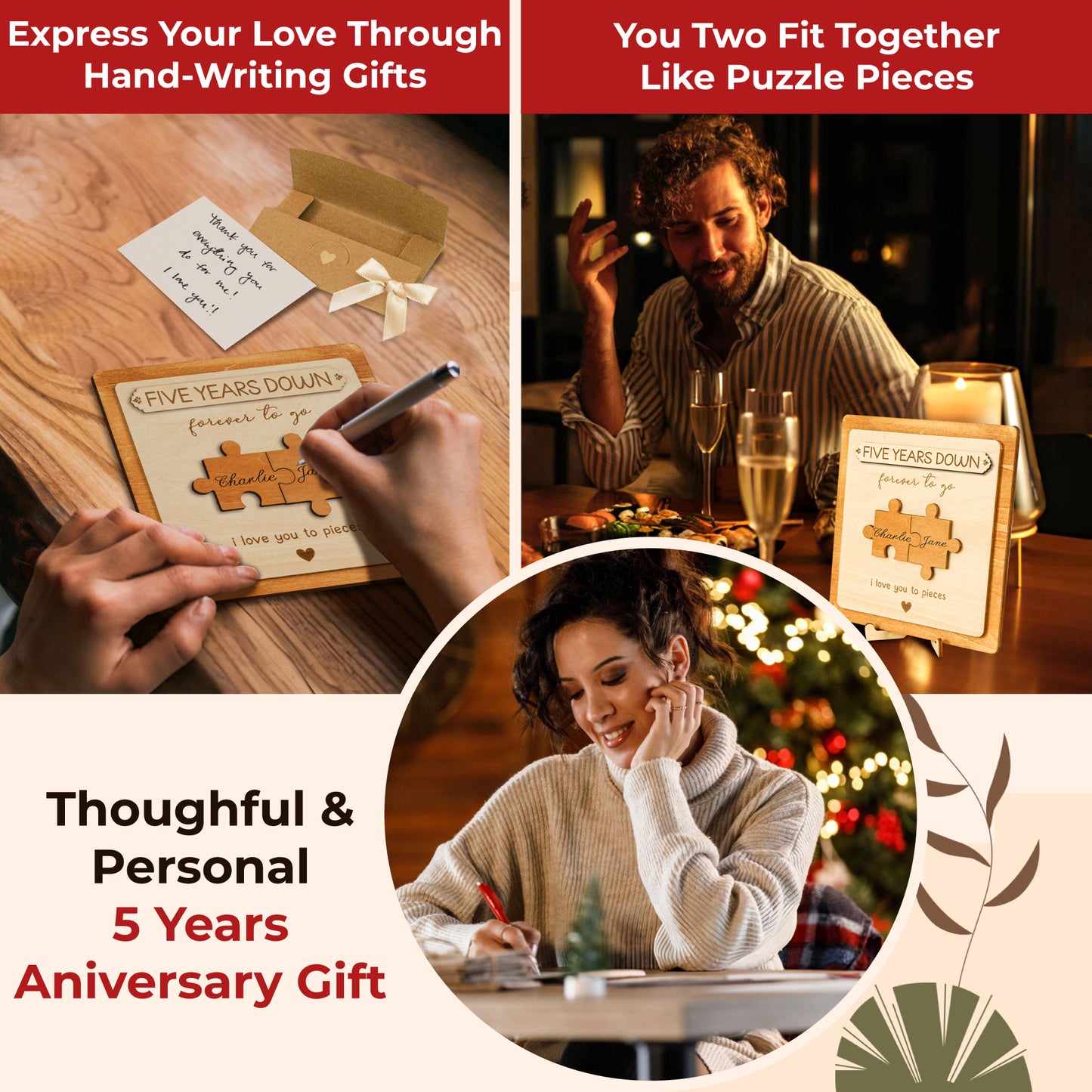 Stofinity 5 Year Anniversary Marriage Gift for Men - 5 Year Anniversary Wood Gifts for Him Her, 5th Anniversary Card Gift for Husband Wife, Five Year Wedding Anniversary Card Wooden Plaque for Couple