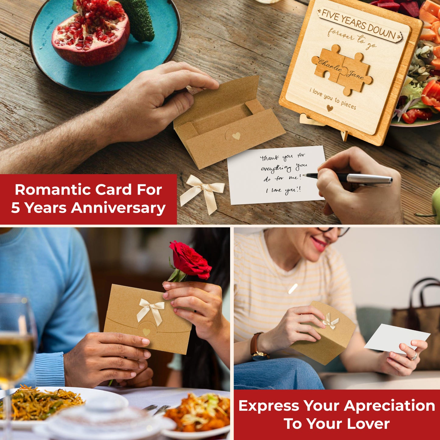 Stofinity 5 Year Anniversary Marriage Gift for Men - 5 Year Anniversary Wood Gifts for Him Her, 5th Anniversary Card Gift for Husband Wife, Five Year Wedding Anniversary Card Wooden Plaque for Couple