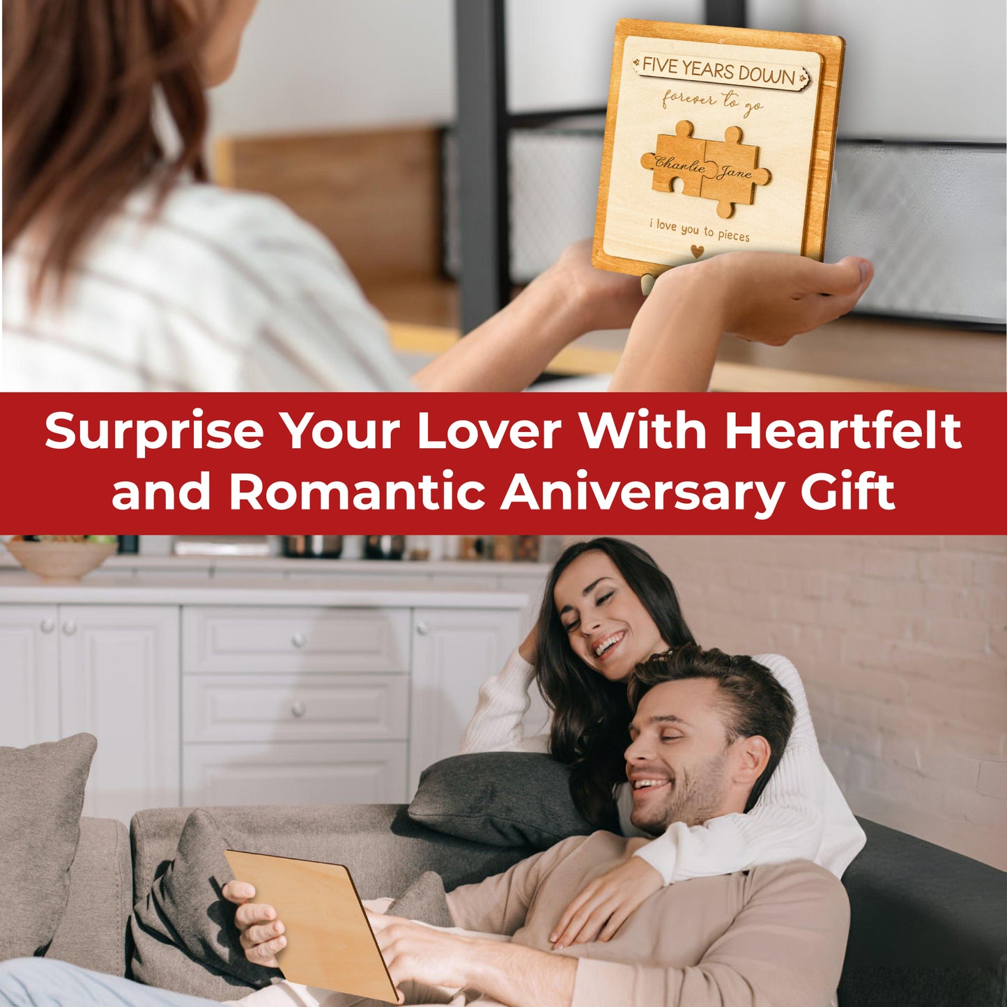 Stofinity 5 Year Anniversary Marriage Gift for Men - 5 Year Anniversary Wood Gifts for Him Her, 5th Anniversary Card Gift for Husband Wife, Five Year Wedding Anniversary Card Wooden Plaque for Couple